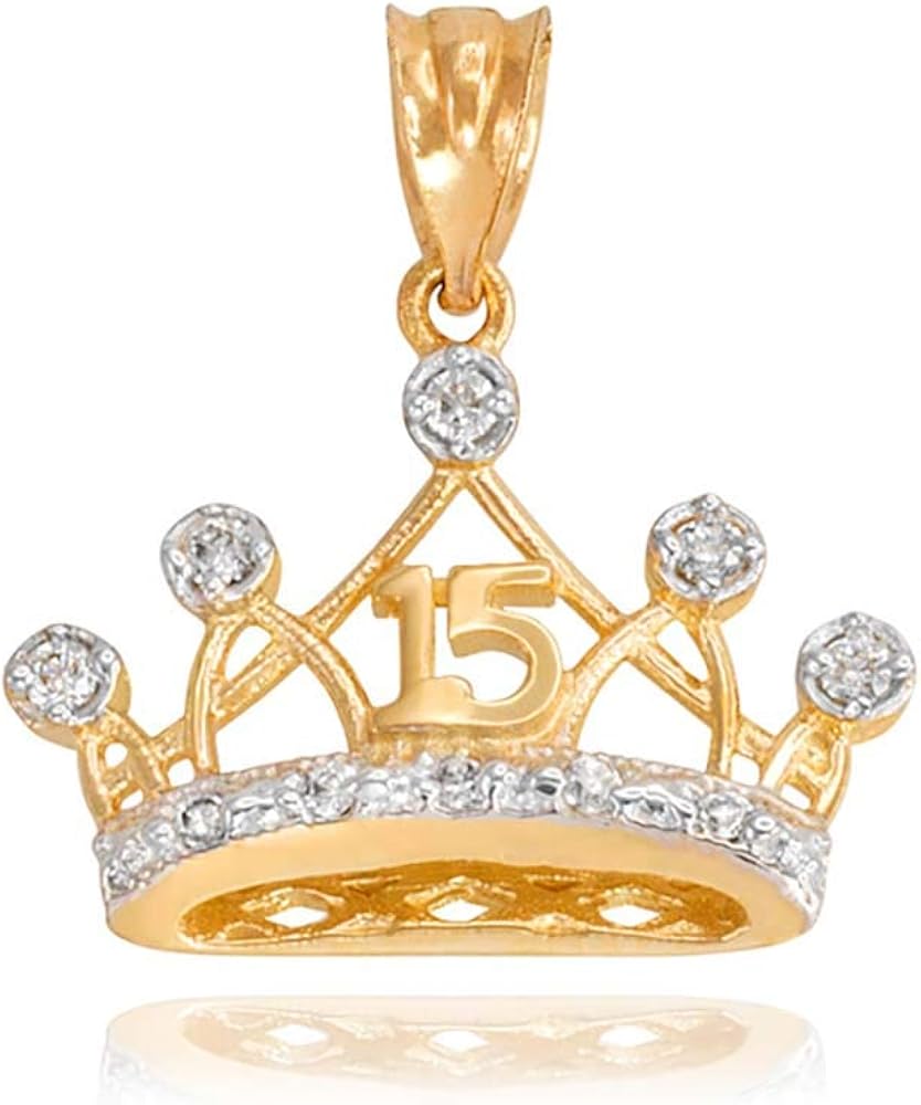Sweet 15 Años Quinceanera Crown Charm Pendant with Cubic Zirconia in 14k Yellow Gold