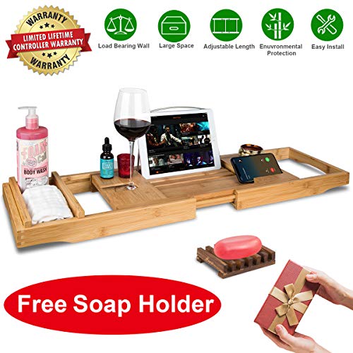 Bathtub Tray Caddy,Bamboo Bathtub Caddy Organizer with Wine Glass and Book Reading Holder ipad Adjustable Extending Sides,Bath Tray Table Accessories for Tub Shower,Free Soap Holder,Extra Wide Board - Thumbnail 7