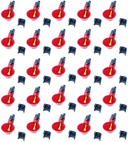 Versatile 25 Pack Red Chicken Water Cups with 1/2 inch PVC Mounting Hardware Poultry Waterer from Quail to Ducks