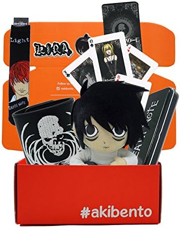 Akibento Exclusive Death Note Bundle Box (DEATH NOTE L PLUSH, DEATH NOTE TIN PENCIL CASE, DEATH NOTE SKULL EMBROIDERY LEATHER WRISTBAND, DEATH NOTE PLAYING CARDS, DEATH NOTE KIRA & APPLE PIN SET)
