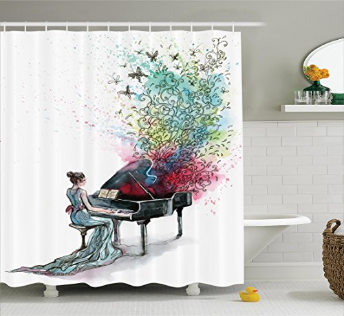 Ambesonne Music Decor Collection Grand Piano Shower Curtain Set with Hooks