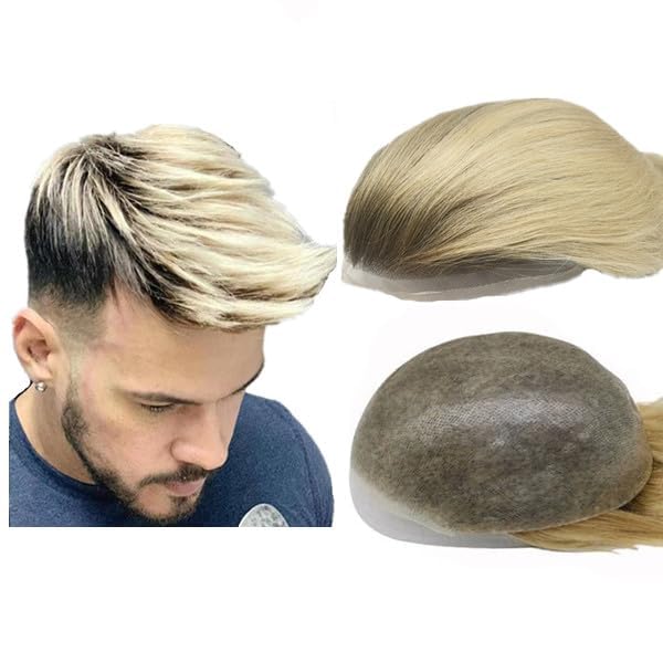 NLW Human Hair Toupee for men 0.04mm PU Skin Silicone toupee Hair prosthesis hair replacement system Gents hair piece Straight hair piece for man 10x8" base Men's wig (#T613 blonde) โ image 1