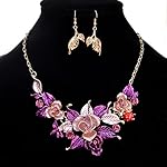 Botrong Best Gifts Women Crystal Necklace Jewelry Statement Pendant Charm Chain Choker with Earrings Sets (Purple)