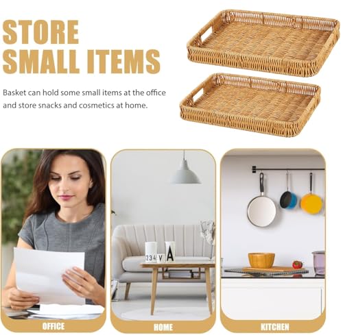 Rectangle Rattan Serving Trays with Handles, Decorative Woven Wicker Organizer Baskets Storage Tray for Coffee Table, Bread, Fruit, Snacks 2 Pack