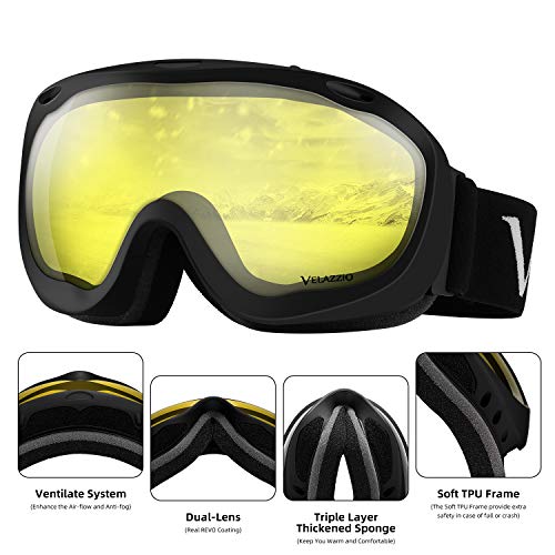 VELAZZIO Ski Goggles, Snowboard Goggles - Spherical Double Layer Anti-Fog 100% UV Protective Lens, Hydrophobic and Oleophobic Coating, Helmet Compatible, Medium Fit Snow Sports Goggles Men & Women
