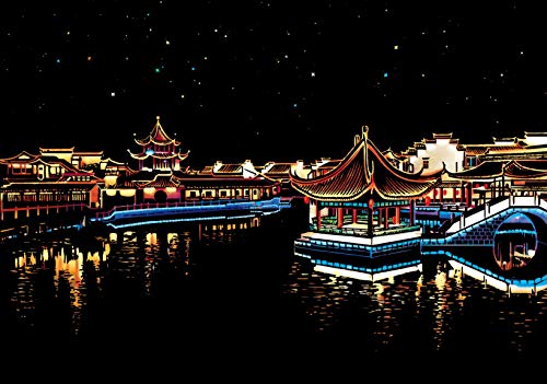 C-pop Scratch Art, Scratch Art Paper DIY Night View Scratchboard for Adult and Kids, with Stylus/Black Brush,8.2''x11.4'' (Ancient Buildings)