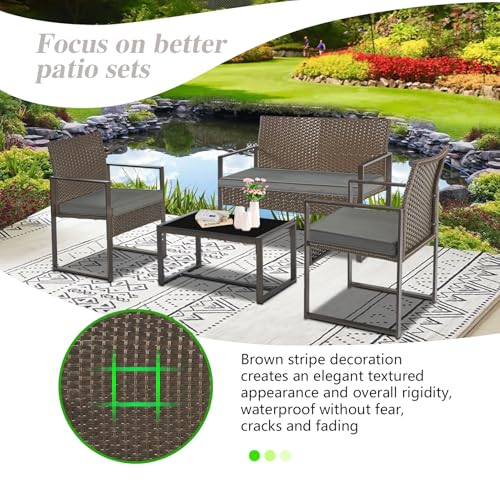 YIYAN 4 Piece Patio Furniture Set, Outdoor Wicker Furniture Set Patio Furniture Set, Bistro Set Outdoor Rattan Conversation with Coffee Table for Garden Balcony Backyard(Gray)