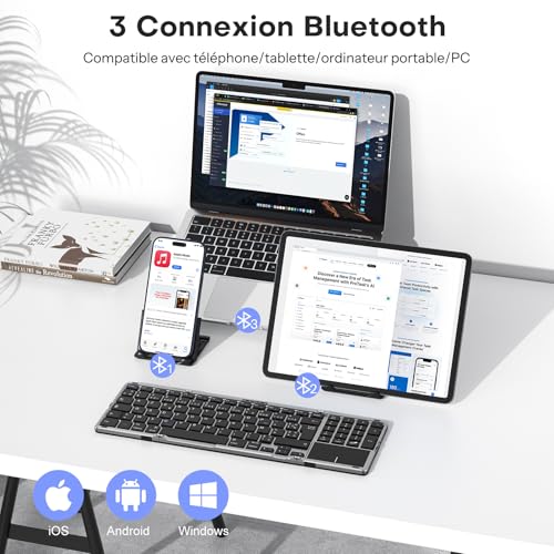 OMOTON Clavier sans Fil Pliable avec Pavé Tactile et Pavé Numérique, Clavier Bluetooth AZERTY Rechargeable, Multi-appareils, Portable Keyboard pour PC Tablette iPad Windows Mac Android