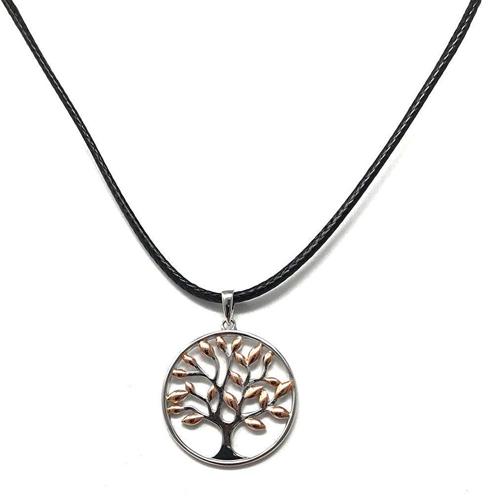 Strictly Gifts Ladies Sterling Silver Tree of Life Pendant with Rose Gold Plated Leaves on 41-46cm Leatherette Cord Necklace