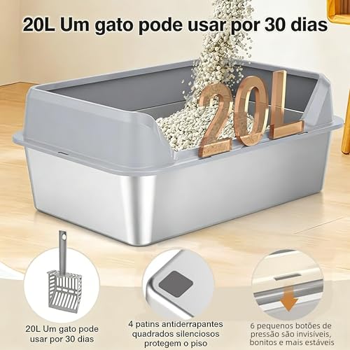 Caixa de Areia para Gatos em Aço Inoxidável com Tampa, Anti-vazamento, Fácil de Limpar, para Gatos Grandes e Múltiplos, Inclui Pá, bandeja de areia extra grande de aço