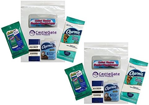 Travel Bathroom Toiletry Kit with Travel Size Toilet Tissue, Seat Covers, Clorox Wipes and Charmin Freshmates (Set of 2)