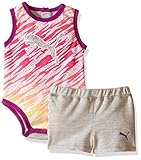 PUMA Baby Girls Multicolored Bodysuit and Short Set, Light Heather Grey, 6/9M