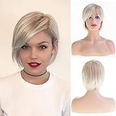 Baruisi Short Blonde Wigs for White Women Synthetic Side Part Straight Bob Wig Halloween Party Cosplay Hair with Cap