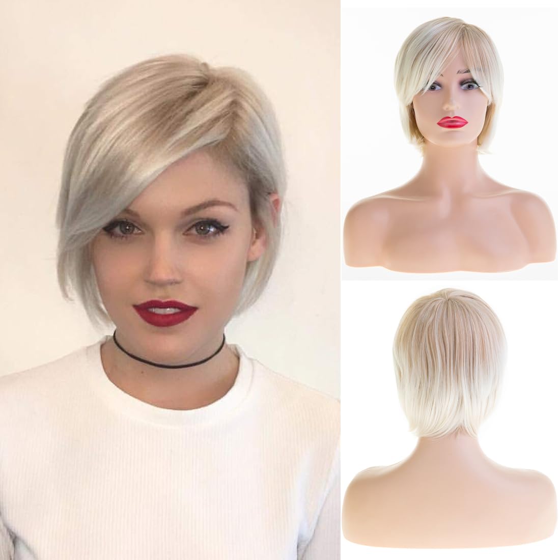 Baruisi Short Blonde Wigs for White Women Synthetic Side Part Straight Bob Wig Halloween Party Cosplay Hair with Cap — image 1