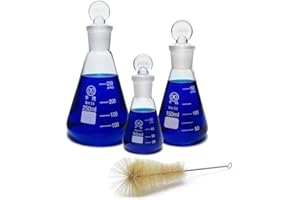 HUAOU 3pcs Glass Erlenmeyer Flask Set, 50ml 150ml 250ml Laboratory Flask with Stopper, Lab Chemistry 3.3 Borosilicate, Narrow Mouth, Printed Graduation, Conical Flask with Cleaning Brush