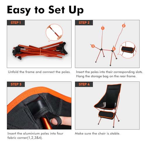 SOPPY 2 Pack Folding Camping Chair Upgraded High Back, Portable Lightweight Folding Camp Chairs with Sided Pocket & Carry Bag for Outdoor Backpacking, Hiking, Travelling, Picnic,Fishing - Orange