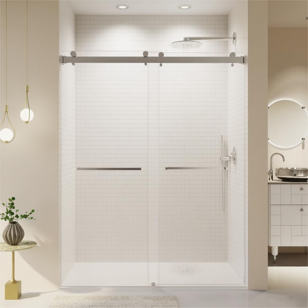 Photo 1 of *** 1 PIECE*** LINKHOO 56-60" W x 76" H Frameless Double Sliding Shower Door, Modern Bathroom Shower Glass Doors with 3/8" (10mm) Clear SGCC Tempered Glass and Stainless Steel Handle, Easy to Install, Chrome