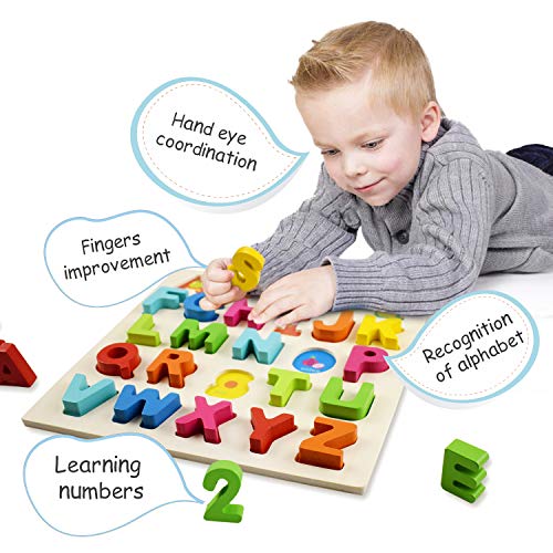 Supkiir Alphabet Number Puzzle, Wooden Pattern Learning Letters for Kids, Colorful ABC&123 Chunky Blocks Educational Toys for Boys and Girls