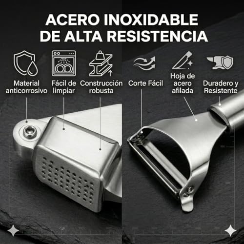 Professional Garlic Press + Vegetable Peeler – Garlic Chopper + Potato Peeler – Effortlessly Crushes in Seconds – Stainless Steel – Easy Cleaning, Dishwasher – Quick Cooking Kit Recipe QR