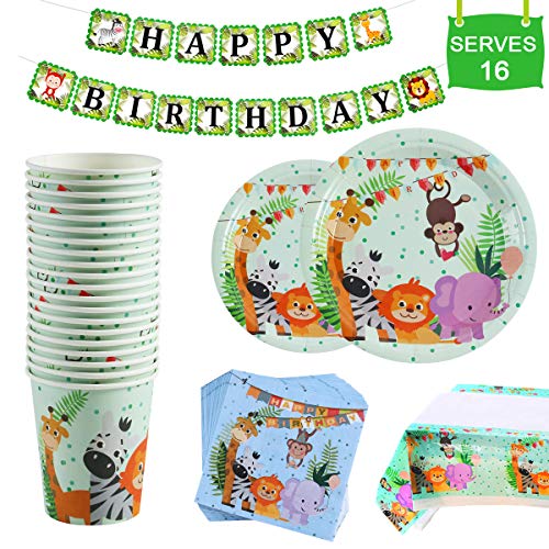 Safari Animal Birthday Party Supplies - Serves 16 - Plates, Napkins, Cups Tableware Kit, One Animal Print Tablecloth, Birthday Banner for Birthday Parties, Jungle Theme Party Supplies by QIFU - Thumbnail 7