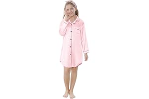 Schbbbta Girls Long Sleeve Satin Nightshirt Dress Button Down Nightgown Silky Sleepwear