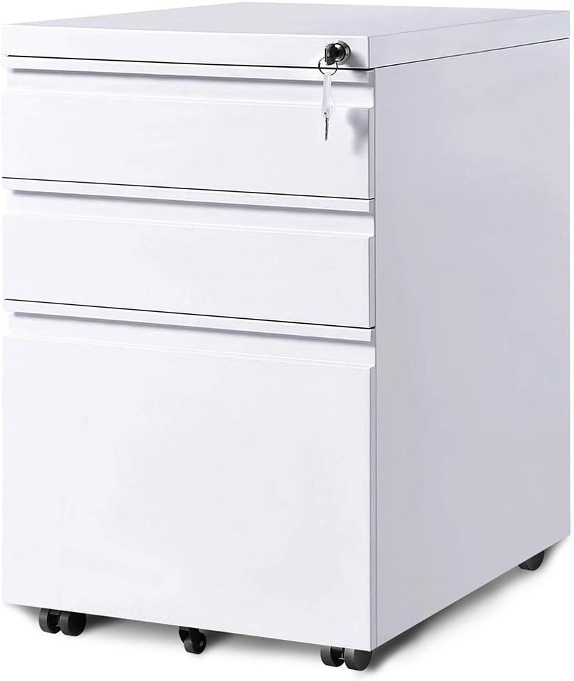 3-Drawer Mobile File Cabinet with Lock Under Desk Office Drawers Fully Assembled Except Casters(White)