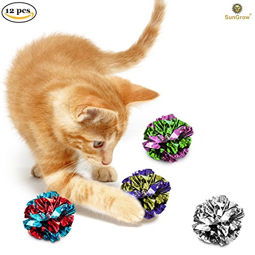 12 Mylar Cat Crinkle Balls by SunGrow : Shiny with Interesting Crinkly Sounds : Keep pets Entertained for hours: Soft, lightweight and fun toy for both Kittens & Adult Cats : Safe for your kitty