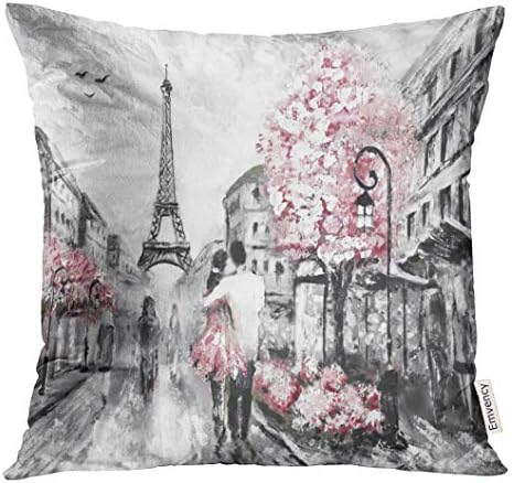 Emvency Throw Pillow Cover Watercolor Love Oil Painting Street View of Paris European City Landscape Pink Sketch Decorative Pillow Case Home Decor Square 16x16 Inches Pillowcase