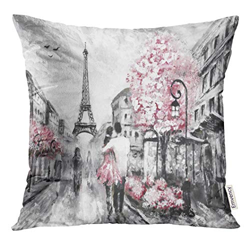 Emvency Throw Pillow Cover Watercolor Love Oil Painting Street View of Paris European City Landscape Pink Sketch Decorative Pillow Case Home Decor Square 16x16 Inches Pillowcase