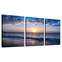 Hyidecor Art 3 Piece Canvas Wall Art -Sunrise blue sea view Landscape - Modern Home Decor Room Stretched and Framed Ready to Hang - 12"x16"x3 Panels