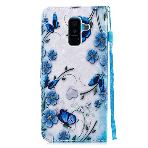 Herzzer Strap Leather Case for Galaxy A6 Plus 2018,Flip Portable Carrying Case for Galaxy A6 Plus 2018, Premium Stylish Blue Butterflies Printed Foldable Folio Pu Leather Stand Cover