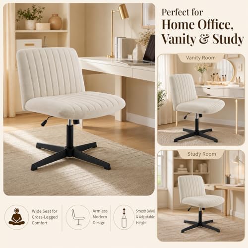 Cross Legged Armless Office Chair, Wide Seat Swivel Desk Chair with Adjustable Height, Rocking Function, Padded Beige Vanity Chair for Home Office, Bedroom, Study Room