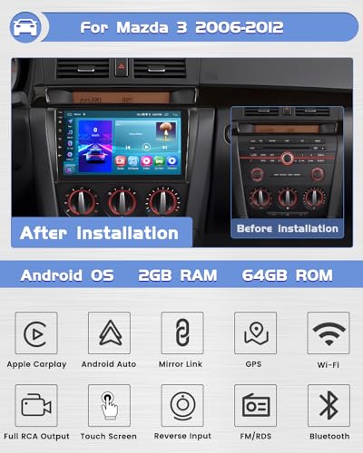 Hikity 2G 64G Car Radio for Mazda 3 2006-2012 with Carplay Wireless Android Auto, 9 Inch Android 15 GPS Car Radio with WiFi Bluetooth RDS EQ FM USB SWC MIC Reversing Camera