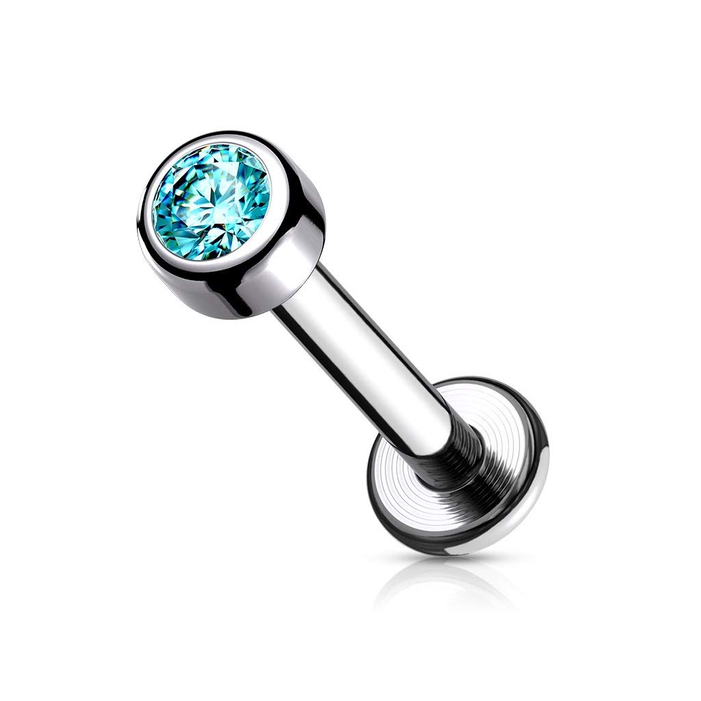 PiercedOff Titanium Labret with Internally Threaded Bezel Set Round Aqua CZ Gem - Thickness 16GA (1.2mm) / Length 8mm / Ball Size 3mm
