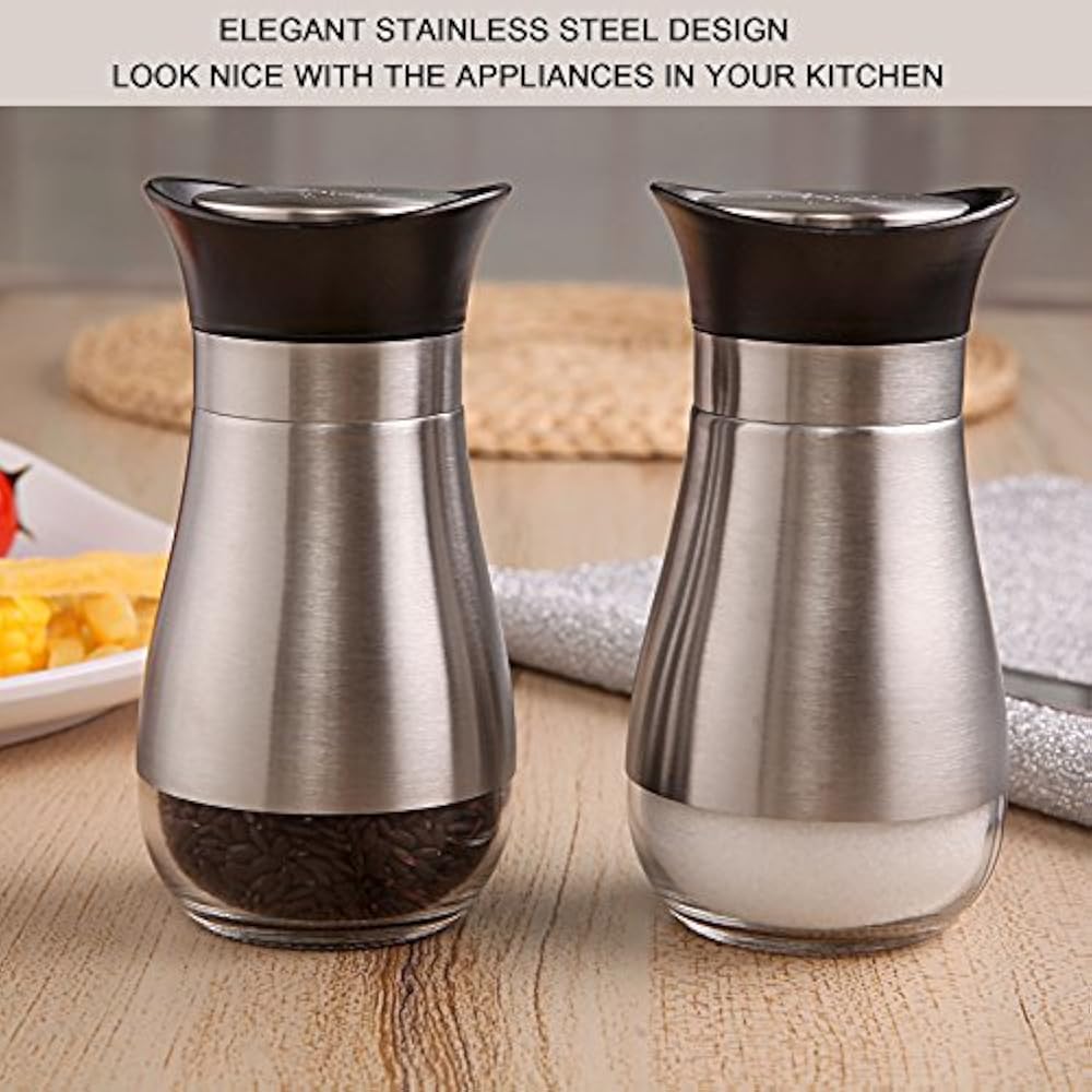 Salt Pepper Shakers Set Elegant Stainless Steel Glass Bottom Silver