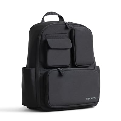 Itzy Ritzy Utility Diaper Bag Backpack – Features 17 Pockets (Including 2 Insulated Bottle Holders) & Trolley Sleeve and Includes Stroller Straps & Changing Pad – Part of the Belong Collection (Black)