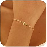 Gold Bracelets for Women,Dainty Gold Cross Bracelet 14K Gold Plated Beaded Bracelets for Women Trendy Bracelet Stack Pearl Bracelet Set Waterproof Chain Bracelet Gold Jewelry for Women Baptism Gifts