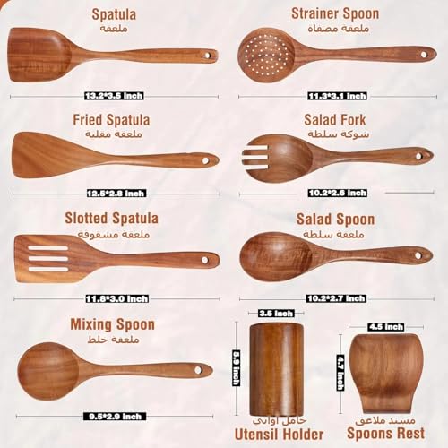 CENXI Cooking Wooden Spoons, 9 Piece Natural Teak Wooden Kitchen Utensil Set with Spoon Rest, Comfort Grip Cooking Spoons and Utensils Holder