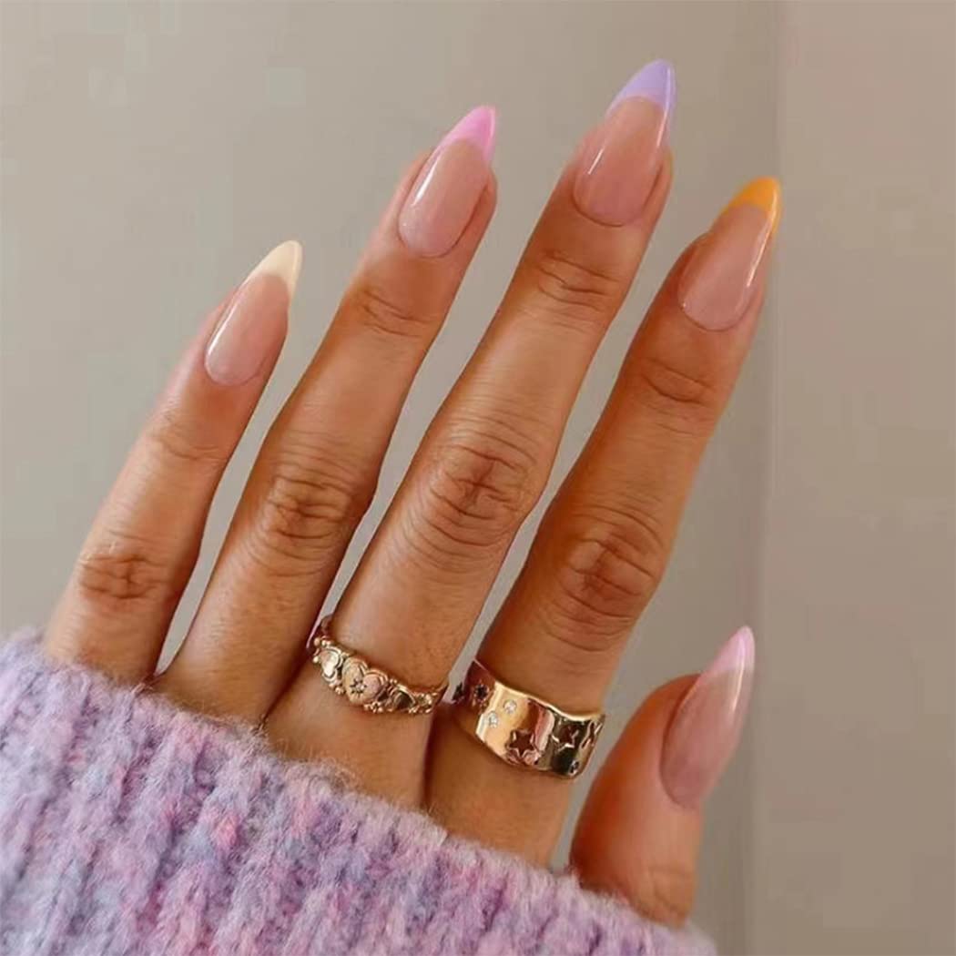 Sethexy Colorful French Almond False Nails Swirl Stiletto Stick on Nails Abstract Rainbow Fake Nails 24Pcs Acrylic Art Press on Nail Tips for Women and Girls — image 1