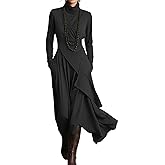 dsumvns Women Long Sleeve Turtleneck Dress Elegant Long Sleeve Ruffle Asymmetrical Dress Casual Long Dresses with Pockets