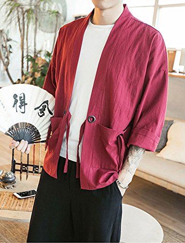 Plaid&Plain Men's Vintage Kimono Cardigan Casual Linen Pocket Cardigan Coat Wine Red L