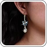 TseanYi Crystal Flower Hoop Earrings Gold Teardrop Cz Earrings Blue Crystal Flower Huggie Earrings Vintage Waterdrop Earrings Blue Rhinestone Drop Earrings Jewelry for Women and Girls