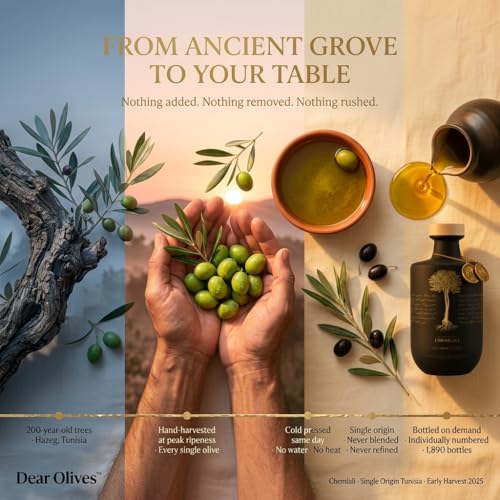 Dear Olives™ – Award-Winning Extra Virgin Olive Oil - Naturally Rich in Polyphenols - Exceptionally Low Acidity - Early Harvest Cold Pressed Single-Origin Tunisian EVOO - Fresh Harvest Perfect for Dipping, Drizzling and Cooking - Individually Numbered Bottle with a Gift Box, 700ml (Chemlali - Smooth/Douce)