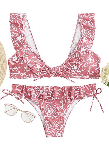 SOLYHUX Women's Flower Print Knot 2PCS Ruffle Strap Bikini Set Pink L - Thumbnail 2