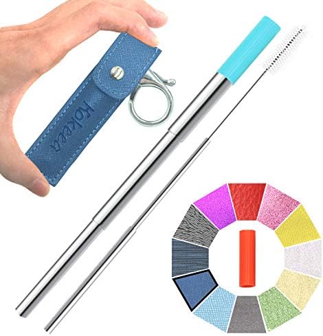Hokeea Portable Reusable Drinking Straws - Telescopic Stainless Steel Metal Straw with Leather Case & Keychain & Cleaning Brush & Silicon Tip(Sapphire)