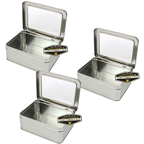 Mighty Gadget (R) Rectangular Empty Hinged Lid Survival Tin Container with See Through Window Top for Geocaching or Survival Gear (3 Pack) - 5.625