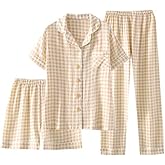 codcm Womens Cotton Pajama Sets Plaid Short Sleeve Button Down Sleepwear Ankle Pants 3 Piece Gingham Pj Set