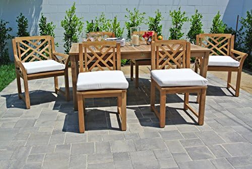 Willow Creek Designs 7 Piece Monterey Teak Dining Set with 72" Rectangle Dining Table and Sunbrella Cushion, 102" L x 95" W x 40" H, Canvas Natural Fabric