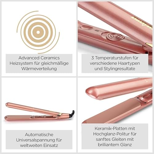 Rose Gold Glätteisen - Keramikplatten für glattes Styling, Universalspannung für weltweiten Einsatz, ultra-schnelles Aufheizen in Sekunden, Temperatureinstellungen bis zu 235°C, 2598PE