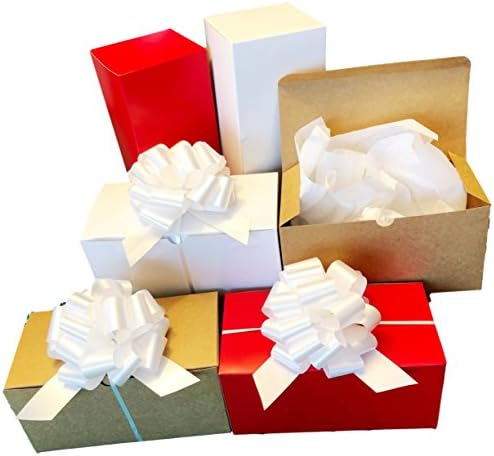 Set of 6 White, Red &amp; Kraft Gift Boxes (9x4.5x4.5") + 6 Pull Bows + 6 Tissue Paper. Perfect for Wrapping Gifts (WhiteRedKraft)